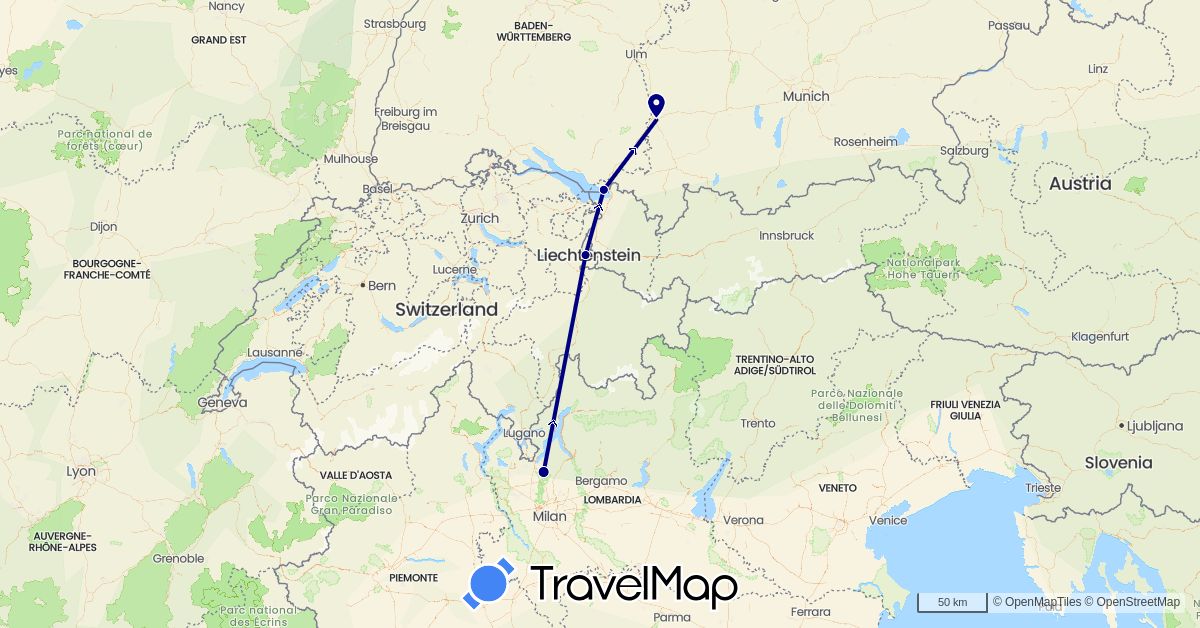 TravelMap itinerary: driving in Germany, Italy, Liechtenstein (Europe)